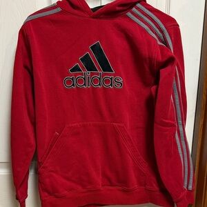 Adidas Red Hoodie with Black Logo and Gray Stripes